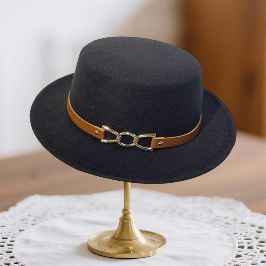 Sombrero Fedora de mujer para otoño e invierno, moderno, con hebilla y cinturón, de lana, estilo jazz, ideal para fotografía. - Negro - Ver 1