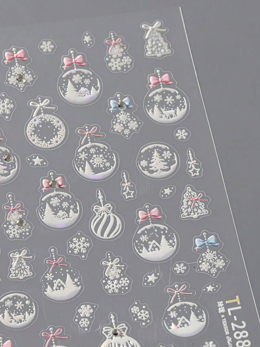1pc Pink Fireworks Christmas Tree Nail Stickers, 5D Glitter Design With Bow, Snowflake And Star Decor, Holiday Shiny Nail Decals For Girls Holiday Party Nail DIY - Multicolor - View 1