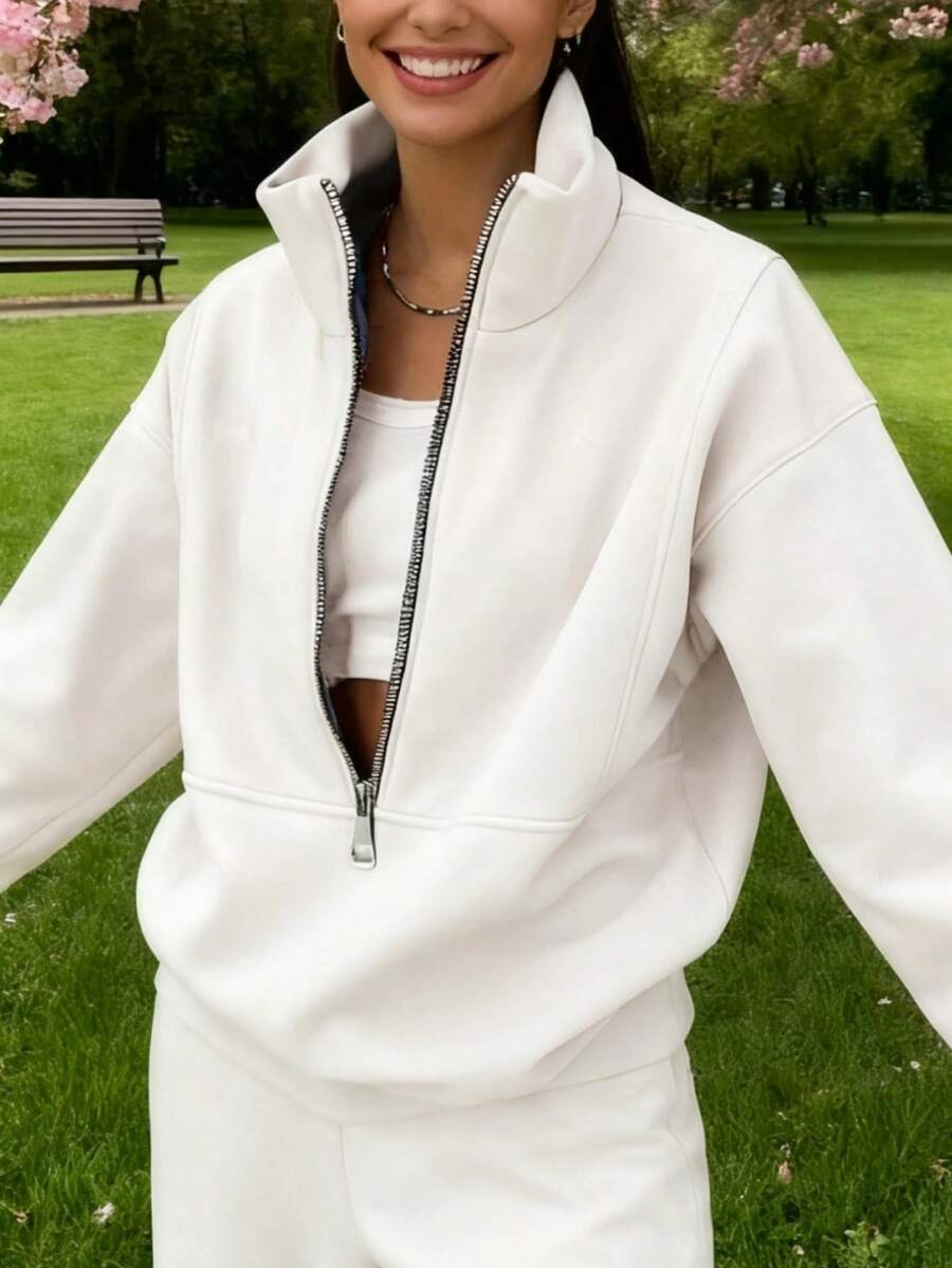 Women's New Half-Zip Stand-Up Collar Sports Two-Piece Suit, Casual Sweatshirt + Pants Suit, Sports Style Elastic Waist Sports Two-Piece Suit - 白色 - 查看 1