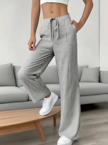 New Women's Slant Pocket Wide-Leg Pants, Casual Striped Print Loose Drawstring Waist Pants, Women's Sports Trousers - 灰色 - 查看 6