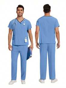 Men's Summer Contrast Trim Short Sleeve Top And Pants Set, Nurse/Doctor/Veterinary/Caregiver Uniform