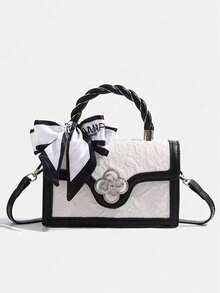 Fashionable High-End Pu Tote Bag With Versatile Square Shape And Cute Cherry Print, Perfect For Shopping, Dating Or Cross-Body For Girls Send Scarf., Best Mother's Day And Valentine's Day Gifts , Bow - màu đen - Xem 8