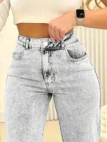 Women's Embroidered Bow Pocket Straight Loose Casual Versatile Jeans Spring - Grey - View 3