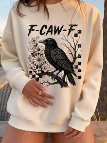 Crow F-CAW-F Fun Halloween Gothic Floral Plaid Sweatshirt, Women Autumn Clothing, Nightmare Before Christmas, Halloween Costumes For Women, Loose Fit Crew Neck Long Sleeve Casual Pullover Unisex Loose Oversized Sweatshirt, Girl Boyfriend Style Outfit, Casual Versatile Long Sleeve Jacket - 淺杏色 - 查看 7