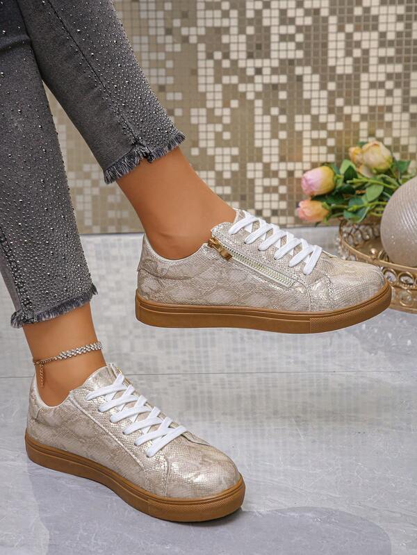 Zapatillas casuales para mujer, de corte bajo con cordones y cremallera lateral, cómodas y versátiles para interiores/exteriores, adecuadas para todas las estaciones