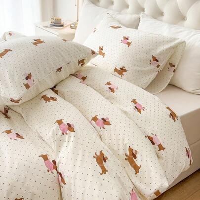 2/3pcs Bedding Set (1 Duvet Cover + 1/2 Pillowcase, Comforter Not Included), Polka Dot Dachshund Print Bedding Set, Soft & Comfortable Duvet Cover, Suitable For Bedroom, Guest Room