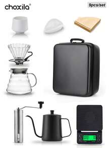choxila 13pcs V02 Pour Over Coffee Set With Storage Box, Includes Coffee Dripper, Coffee Pot, Coffee Filters, Grinder, Coffee Cups, Digital Scale, Coffee Spoon, Cleaning Brush. Ideal Gift For Coffee Lovers, Families, Coffee Enthusiasts. Suitable For Home, Cafe, Camping, Office, Coffee Corner. - Coffee Set - View 13