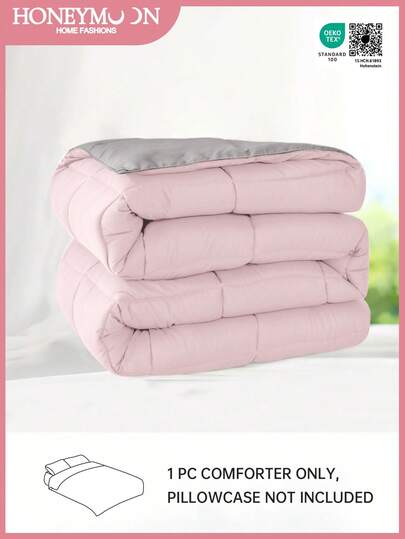 1pc Light Pink With Grey Quilted Comforter Duvet Insert, Reversible, Box Stitched, Warm Soft Fluffy Comforter Bedding For Winter, Down Alternative Bedding Comforter, Machine Washable, Oeko-Tex Certified
