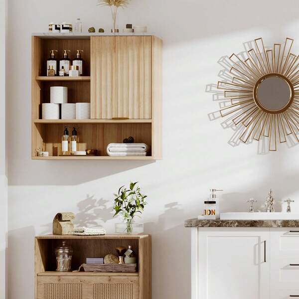 Meiyiu Fluted Bathroom Wall Cabinet With Sliding Door, Curved Profile Modern Medicine Wall Cabinet With Adjustable Shelves & Faux Marble Top, Bathroom Floating Shelf - Natural
