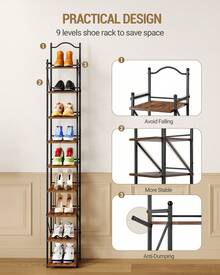 HEXCELEN Vertical Shoe Rack, Slim Shoe Storage With 9 Tiers, 2 Adjustable Modes, Space-Saving, Shoe Tower For Entryway, Hallway, Living Room - Brown - View 4