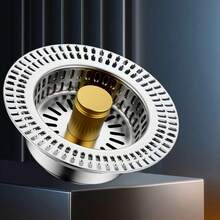1个不锈钢厨房水槽滤网 - 现代排水塞，带易按压杆，耐腐蚀设计，高效过滤杂物，适用于标准水槽，厨房水槽排水过滤器，过滤杂物，时尚金属饰面，易于清洁，高品质结构，现代设计，经久耐用，适合公寓生活 - 彩色 - 查看 10