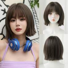NAMM 10 英寸时尚棕色短款直发假发，带刘海，优质丝滑合成耐热服装假发，适合日常佩戴、学校和音乐节庆祝活动使用 - 角色扮演服装假发 - 樱花庆典华丽派对街头服饰摄影 - 女孩礼物假发配件