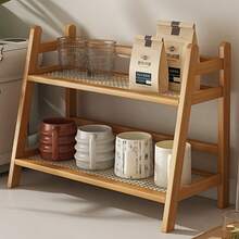 2-Tier Bamboo Countertop Storage Rack - Modern Cream Vintage Style, Trapezoidal Design, Wood Finish, Multipurpose Shelf For Dorms, Bedrooms, Offices And Kitchens, Vertical Shelf, Stand - 米色 - 查看 1