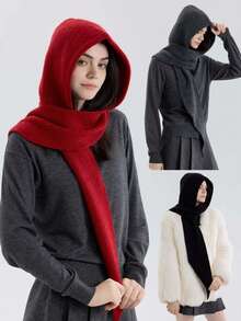 1pc Cozy Knit Hooded Scarf With Ear Flaps - Stretchy, Drawstring Closure, Unisex Winter Hat - Knitted Hat - View 8