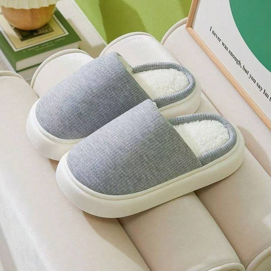 نساء موحد اللون قماش التنقل المنزلي لاتكس حراري أحذية منزلية ، سميكة مانعة للانزلاق دافئة مريحة للاستخدام الداخلي في فصلي الخريف والشتاء - رمادي - مشاهدة 1