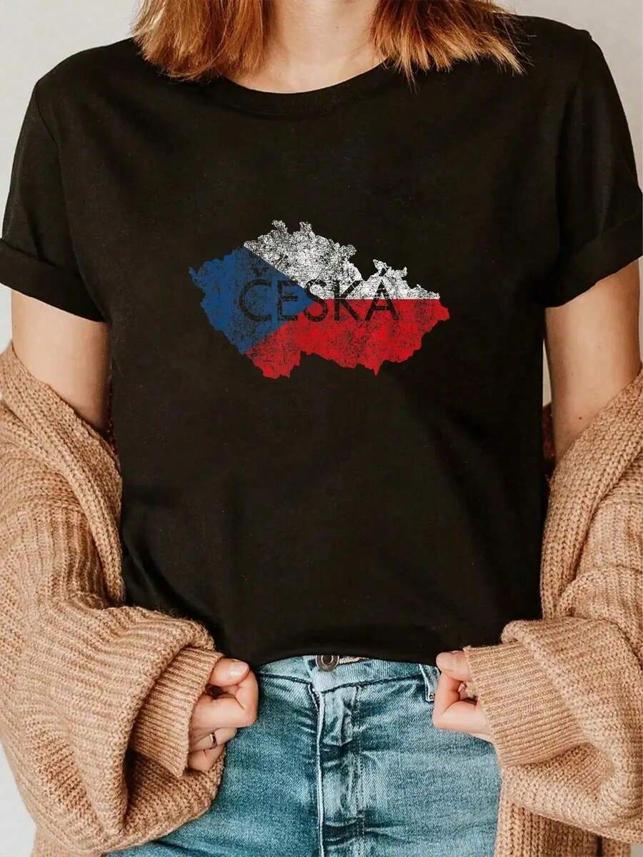 100% Baumwolle Lässig T-Shirt mit Karte und Flagge der Tschechischen Republik als Souvenir - Vintage Ceska T-Shirt für Damen und Herren, Sommer Urlaub, weich, lässiger Schnitt, klassischer Tragekomfort - Schwarz - Übersicht 1