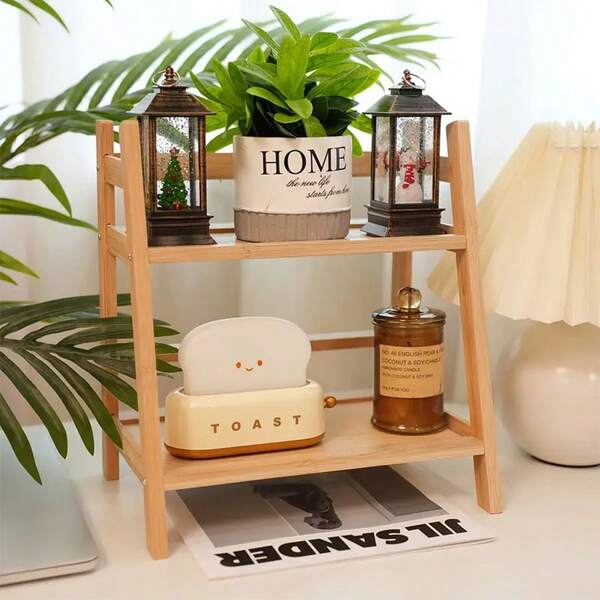 1pc Bamboo 2-Tier Desktop Organizer Rack, Vertical Shelf, Multi-Function Tabletop Storage Rack, Large Capacity Kitchen Spice Rack, Tea Cup Coffee Mug Holder, Display Shelf, Home Decor Rack - Rustic Style Storage Rack, Natural Wood Surface Treatment, Can Store Kitchen Items, Cosmetics, Snacks, Potted Plants And Desk Organizer