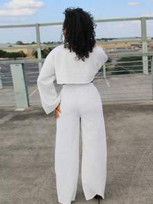 Steph T Set de 3 piezas de mujer con top corto de manga larga básico liso, camiseta y pantalones de pierna ancha, conjunto informal para otoño e invierno