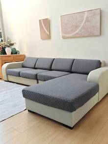 1pc Autumn/Winter Large Houndstooth Jacquard Sofa Seat Cushion Cover, Leaf Embossed, Elastic Removable & Machine Washable, Suitable For Bedroom Living Room Sofa Cushion, Home Decor - Grey - View 6