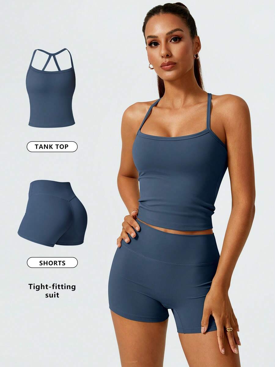 NcmRyu Women's Strappy Back Yoga Sports Set, Naked Sensation Squat-Proof Quick Dry Fitness Outfit, Spring/Summer - Màu xanh hải quân - Xem 1