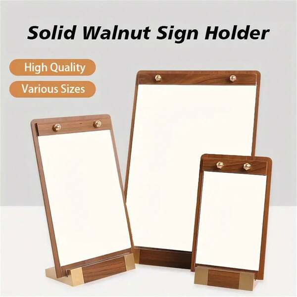 1PC Walnut Wood Base Tent Sign Holder With Metal Finish And Transparent Panel, Anti-Slip Silicone Strip, A4 Size Display For Certificates, Menus, And Signs