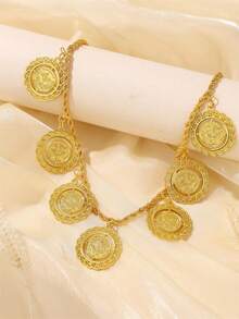 1 Set de Collar y Aretes con Forma de Moneda Dorada, Incrustados con Rhinestones, Estilo Marroquí, Accesorio de Moda para Bodas y Fiestas
