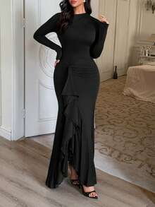 Women's Autumn Dress, Long Sleeve, Oblique Collar, Spaghetti Strap, Waist Cinched, Ruffle Hem, Asymmetric Slit, Elegant Style, Suitable For Vacation, Outing, Date, Party, And Back To School Season - Black - View 1