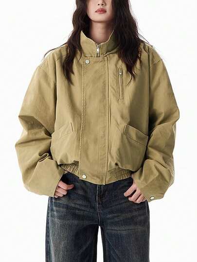 女士休闲宽松纯色夹克，适合街头、都市、通勤、秋冬