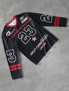 Camiseta de hombre de estilo callejero joven, casual y holgada, camiseta de manga larga con estampado digital, artículo esencial de otoño, elementos digitales de coche de carreras, suave y cómoda