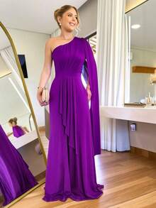 Women's Long Party Dress One Shoulder With Elegant Slit One Size M (Fits 38 To 42) Simple Elegant Party Beach Wedding, Bridesmaid And Graduation. - 紫色 - 查看 1