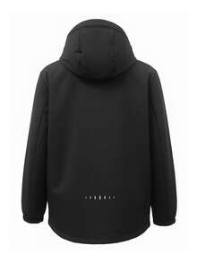 Women's Solid Black Waterproof Hooded Windbreaker Jacket, Zipper Outdoor Hiking Coat With Pockets And Letter Decor - Black - View 7