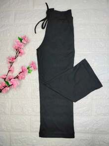 Blogueirinha Children's Wide Leg Pants In Ribbed Cotton Fabric With Pocket, Comfortable And Soft - Black - View 3