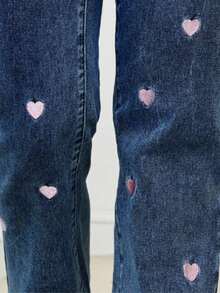 Women's Fashion Casual Plus Size Dark Blue Elastic Denim Pants With Pink Heart Embroidery, Soft & Comfortable For Spring, Summer, Autumn, Winter - Dark Wash - View 3