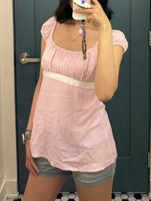 Women Fairy Grunge Y2k Babydoll Shirt Cap Sleeve Micro Polka Dot Tie Back Flowy Babydoll Top Preppy Clothes - 粉色 - 查看 5