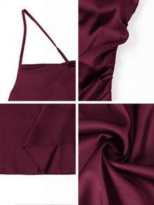 Vestido elegante de satén con cuello redondo, mangas acampanadas, cintura anudada y tubo recto para mujer, adecuado para citas, ir al trabajo y viajar - Burdeos - Ver 11