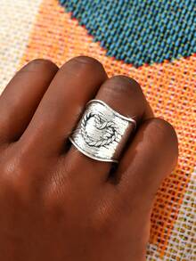 1 pieza Anillo de mujer de estilo bohemio y vintage con forma de corazón y banda ancha de plata, adecuado para boda, compromiso, promesa y uso diario - Plata antigua - Ver 2