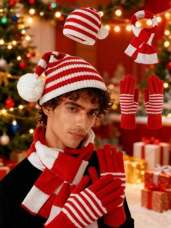 Set de 3 piezas de gorro de punto a rayas, bufanda y guantes de moda navideña para hombres, adecuado para mantener el calor y combinar atuendos en otoño/invierno