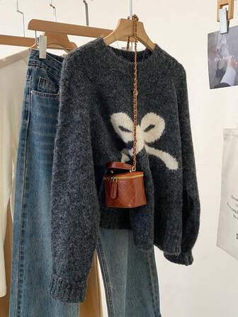 Bow Knot Crochet Autumn Sweater, Women's Ribbed Crew Neck Pullover Knit Top, Cute & Youthful