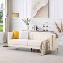 78'' Sofa, Modern White Couches For Living Room With 2 Throw Pillows, Comfy Faux Leather Sofa 3 Seater Couch With Gold Metal Legs, Cloud Sofas Couch Deep Seat Sofas (Cream White),25014858 - 白色 - 查看 5