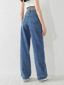 Calça Jeans Denim Reto de Lavagem Azul Simples e Versátil para Adolescentes meninas - Lavagem Média - Visão 2