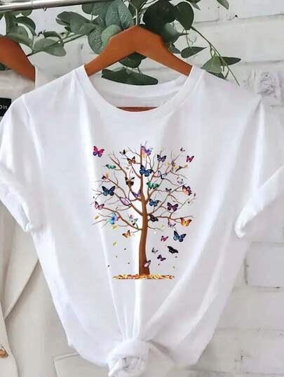 T-Shirt Para Mulheres Borboletas Coloridas Manga Curta Para Primavera e Verão