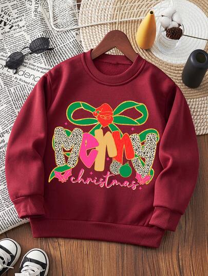 Young Girl Bow & Letter Print Thermal Lined Crew Neck Sweatshirt, Casual Winter Outfit