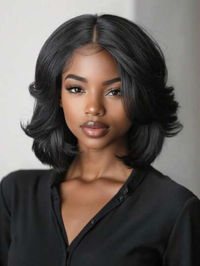 Yaki Straight 4x1 Lace Part Layered Bob Hair Synthetic Hair Glueless Natural Black Shoulder Length Heat Resistant Wig For Daily Party To Wear