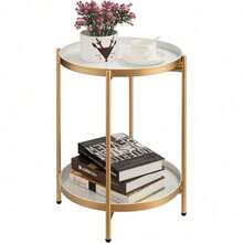 Round Side Table With 2-Tier Storage Modern Metal End Table With Removable Tray Small Coffee Table For Living Room Bedroom Balcony Patio - Gold White - View 8