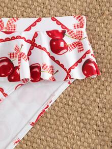 小女孩樱桃蝴蝶结印花泳衣套装 - 紅白色 - 查看 3