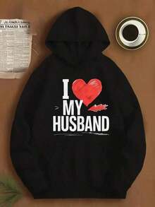 1pc Women's Funny "I Love My Husband" Print Hooded Sweatshirt - Long Sleeve Pullover Hoodie With Pocket, White & Red Heart Design, Casual Winter Warmth, Husband Gift Idea, Machine Washable /Elastane Blend, Valentine's Day Outfit, Relaxed Fit, Drawstring Hood, Fall/Winter Wear, Black With White Lettering, Humorous Statement Piece,Fall Hoodies,Men's Fall Clothes,Street Wear,Halloween,Mens Hoodies,Y2k Clothes,Jesus Hoodie,Thanksgiving Day,Nightmare Before Christmas,Christmas - Black - View 1