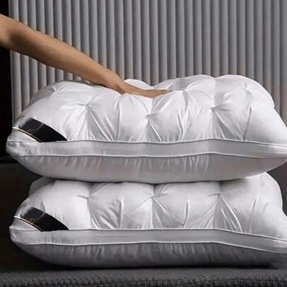 2pcs Pillow Adult Family Five Star Hotel Quality Bed Pillow, Fluffy Pillow Sleep Pillow Core, With Moderate Support, Suitable For Side, Back And Abdominal Sleep, 100% Polyester Fiber Filling, Vacuum Compression Packaging, White/Grey