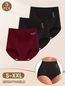 3-Pack High-Waisted Tummy-Control Panties For Women, English Print, Simple Design, Solid Color, Comfortable Fit, Hip-Lifting Briefs For Daily Use Panties For Women - Nhiều màu - Xem 5