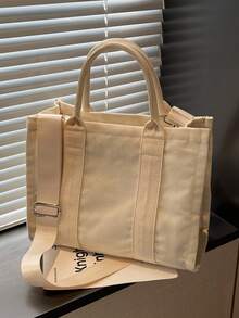 时尚托特单肩包，轻便帆布手提包，可调节肩带，学生简约挎包 - 白色 - 查看 8