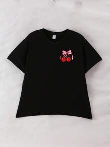 2件套少女蝴蝶结印花短袖T恤和喇叭裤套装，春夏款 - 黑色 - 查看 10